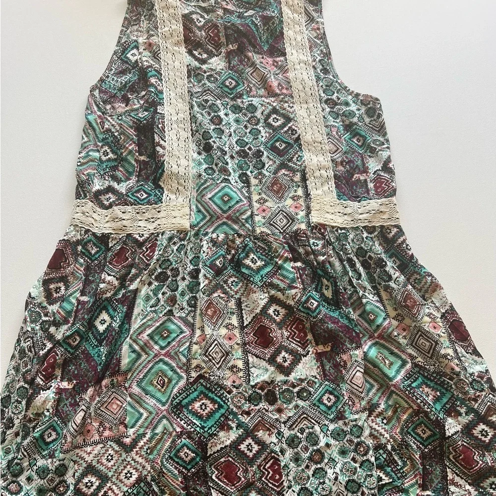 Hayden Womens Mini Dress Multicolor Patchwork V Neck Sleeveless Lace Trim Boho M - Picture 7 of 7